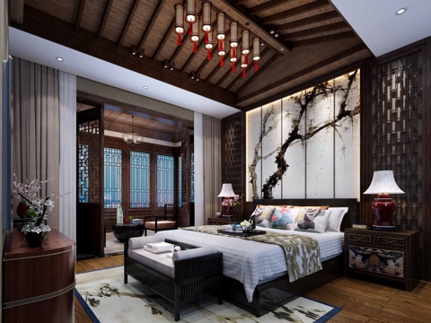  中式卧室 双人床 床头柜 背景墙3d模型 