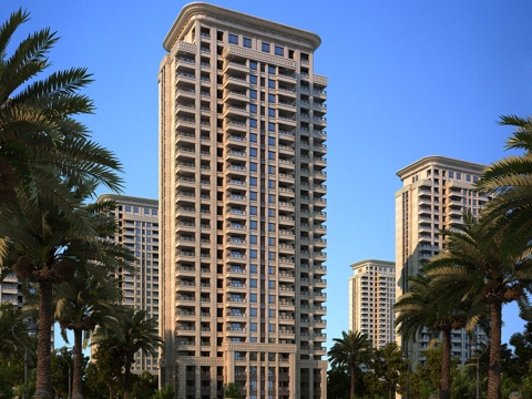  现代高层住宅 热带 一点透视 喷泉3d模型 