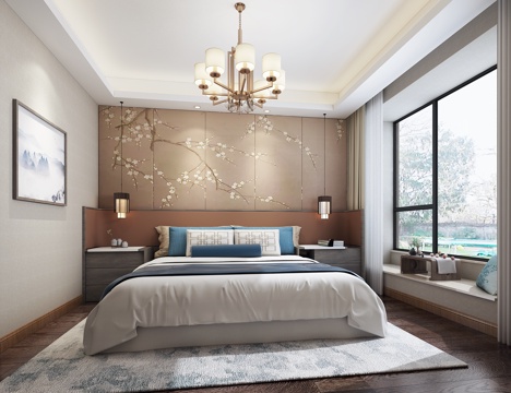  新中式主卧模型  吊灯 挂画3d模型 