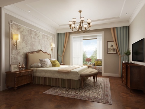  简约美式风格主卧 吊灯 床 壁灯 挂画3d模型 