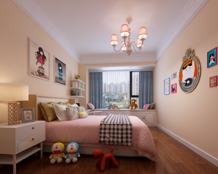  欧式简约女孩房 吊灯 床 挂画 床头柜3d模型 