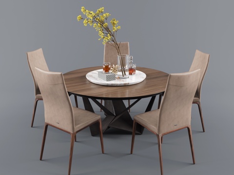  现代餐桌椅组合 玻璃插花 红酒3D模型3d模型 