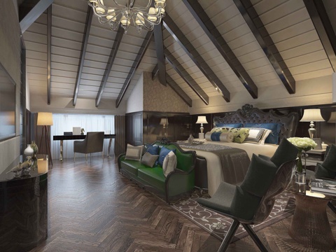  美式卧室主卧 吊灯 床 电视柜3d模型 