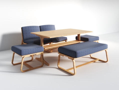  日式方形餐桌 布艺椅子3d模型 