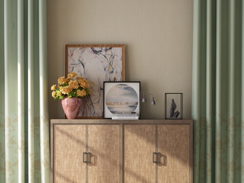  新中式玄关 装饰柜 装饰花瓶 装饰画窗帘组合3d模型 