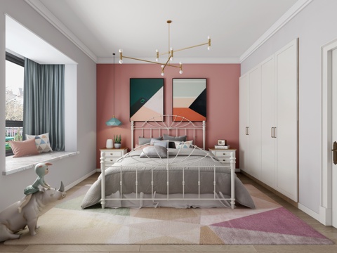  北欧清新卧室 床 吊灯3d模型 