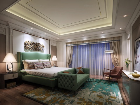  法式主卧模型 床 床头柜 椅子3d模型 