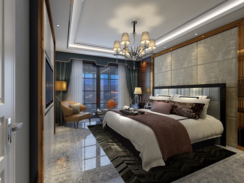  卧室 港式卧室 吊灯 床3d模型 