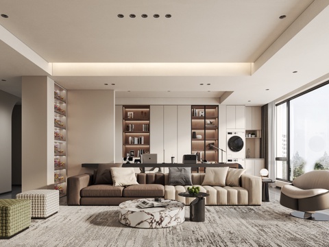  现代极简风客餐厅 开放式书房3d模型 