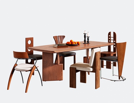 中古餐桌椅 长方形木餐桌 餐椅su模型