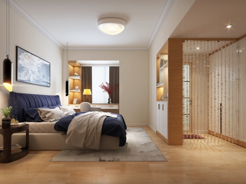  北欧风格主卧室 隔断 双人沙发 顶灯 吊灯 边柜3d模型 