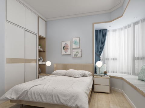  北欧卧室 客房 床 衣橱 挂画3d模型 