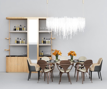  现代餐桌 餐椅 桌花 酒柜 吊灯 酒水 饰品3d模型 