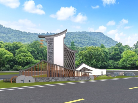  新中式村口标识牌3d模型 