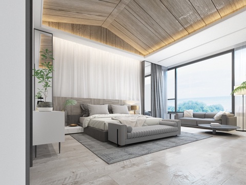  现代简约宽敞卧室 双人床 沙发3d模型 