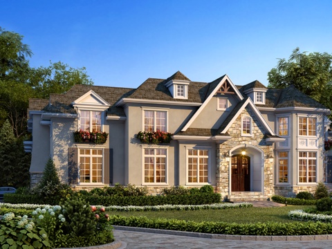  欧式别墅外观3D模型全模场景3d模型 