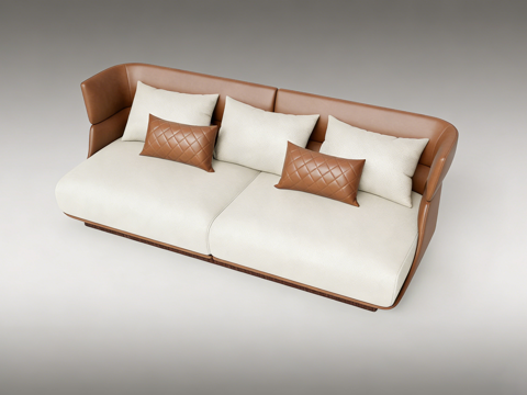 现代简约艺术双人沙发 棕色弧形扶手 米白布艺坐垫 菱形格抱枕su模型