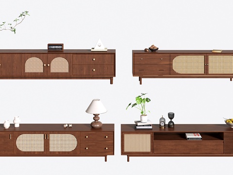 复古中古电视柜 藤编电视柜su模型