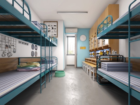  现代学生宿舍 上下床铺 寝室 书柜3d模型 