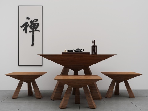  新中式茶桌椅组合3d模型 