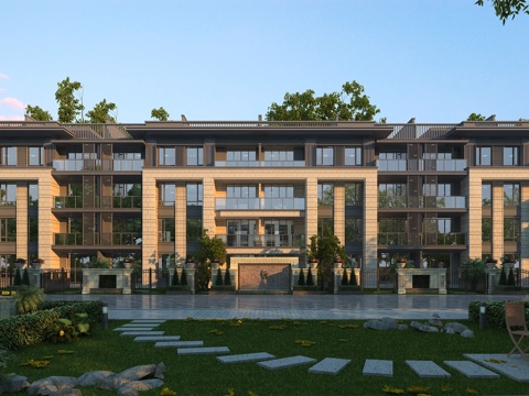  新中式多层住宅 灌木 全模场景 别墅 一点透视3d模型 