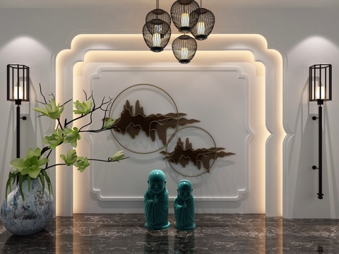  禅意中式背景墙 墙饰 干枝 雕塑 中式吊灯 壁灯3d模型 