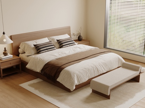 宋式双人床 木制床 床头柜 床头柜摆件su模型