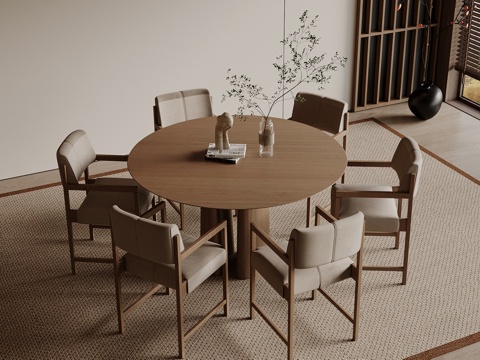 宋式餐桌椅组合 圆形餐桌 木制餐桌su模型