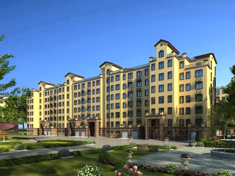  欧式多层住宅 灌木 全模场景 别墅3d模型 