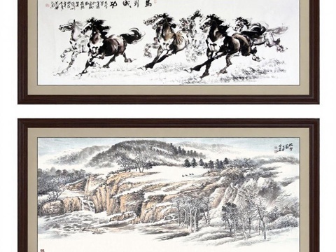客厅书房中国水墨装饰画 奔马图雪景山水传统手绘装裱艺术品免费3d模型