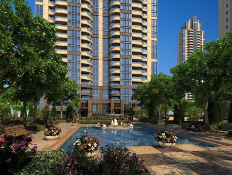  欧式高层住宅 游泳池 水池 喷泉 全模场景 花钵 灌木3d模型 