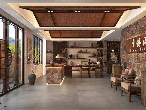  民宿接待大厅前台茶室3d模型 