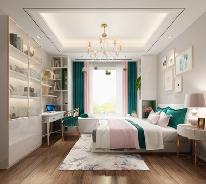  欧式简约女孩房 衣柜 床 吊灯3d模型 