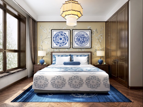  新中式卧室 床品组合 窗帘 莲花吊灯 壁柜 花鸟壁纸 青3d模型 