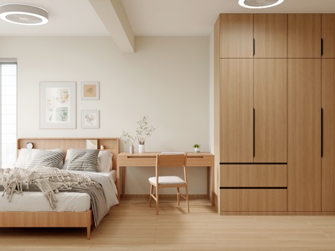  现代卧室 书桌 原木风3d模型 