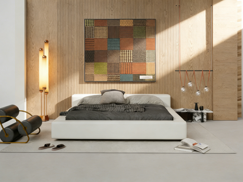 现代简约主卧双人床 白色皮质双人床 木质竖条纹背景墙 拼布画su模型