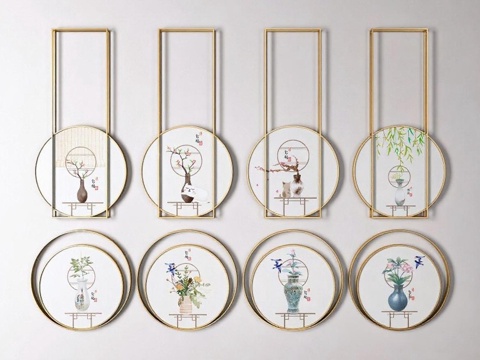 新中式装饰画 现代简约客厅挂画 金色金属框墙面艺术 花瓶猫咪对称组合免费3d模型