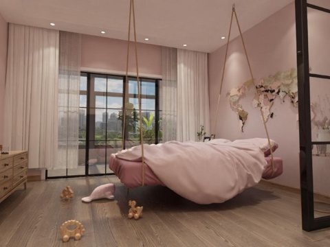 儿童房卧室设计 现代粉色系创意家具 悬浮床设计 梦幻空间室内设计灵感免费3d模型