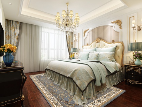  欧式卧室 双人床 床头柜 电视柜 吊灯 台灯 装饰品 摆件3d模型 