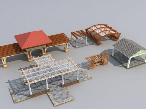 户外庭院3D模型 景观建筑设计参考 凉亭长廊金属木材质 石板屋顶结构素材免费3d模型