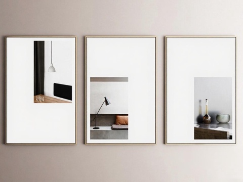 现代简约装饰画 极简静物墙面艺术 家居室内设计挂画 黑白几何线条静物画 原木框抽象装饰画免费3d模型