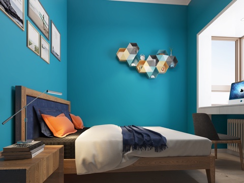  北欧简易卧室 挂画 床 简约3d模型 