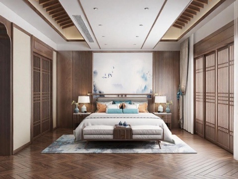 新中式卧室设计 高端木质格栅家居装修 对称布局水墨画装饰 嵌入式灯光3D渲染案例免费3d模型