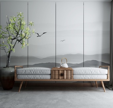  新中式卧榻 背景墙 盆景盆栽3d模型 