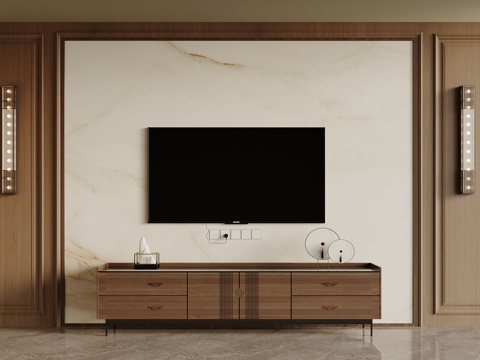  新中式电视柜 电视背景墙 屏风背景墙 饰品摆件3d模型 