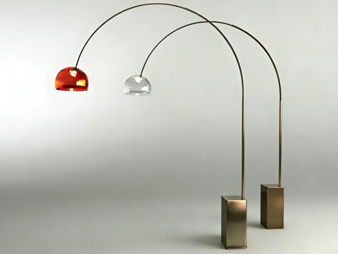 现代弧形双灯罩落地灯 橙红透明玻璃灯罩 金属支架 客厅氛围装su模型