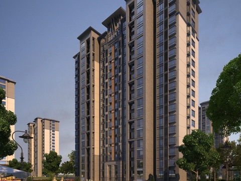  新中式高层住宅 灌木 全模场景 别墅3d模型 