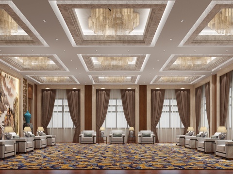  新中式大型接待室3d模型 