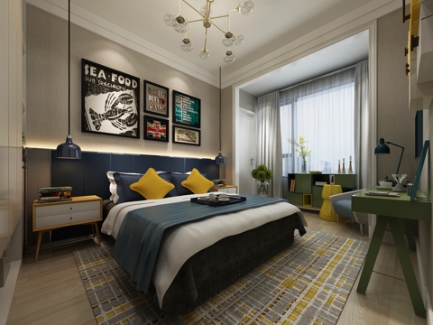  现代儿童男孩房 儿童床 书桌 床头柜3d模型 