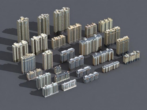 现代高层住宅建筑设计 3D模型渲染效果图 城市规划建筑群展示免费3d模型